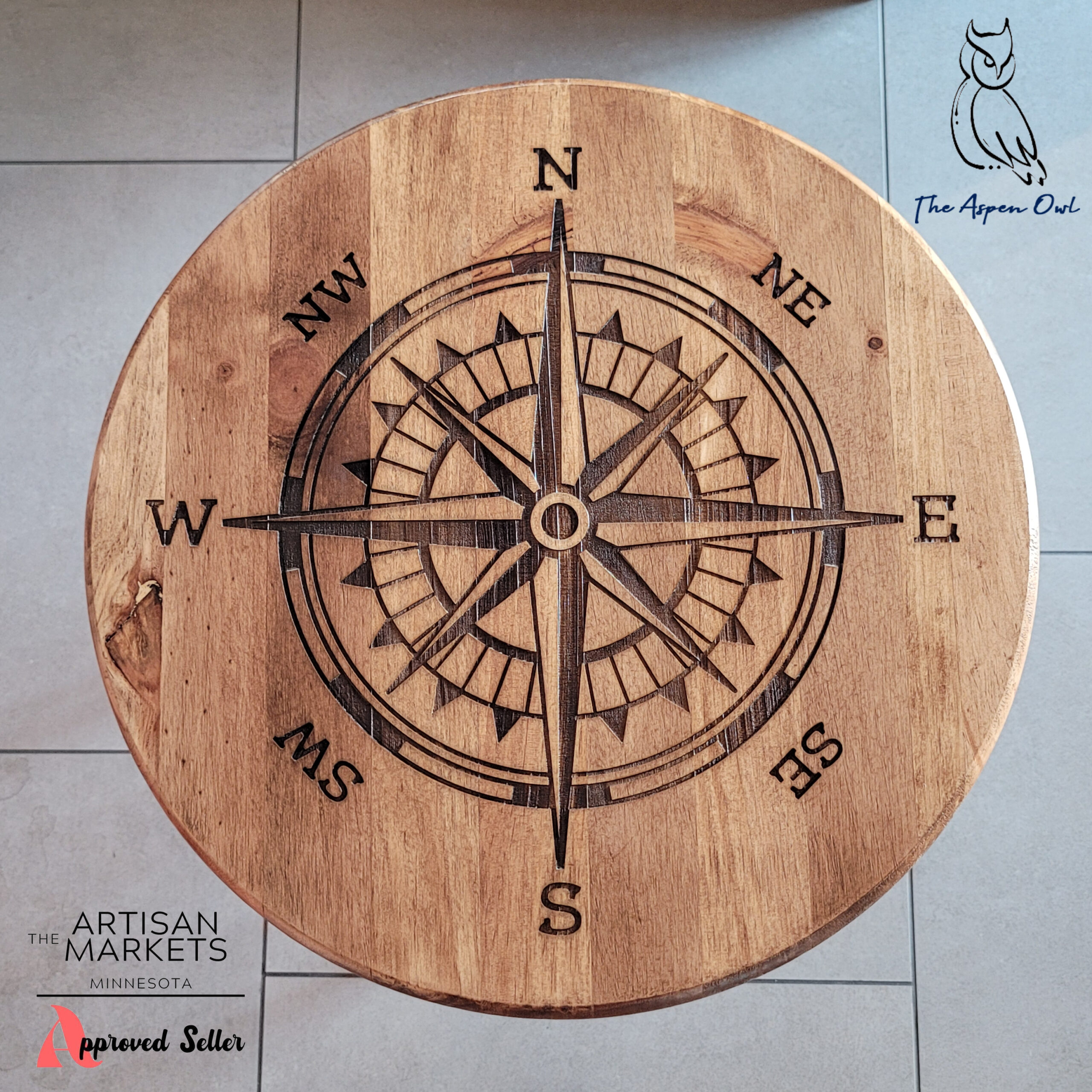 Hairpin Leg End Table With Round Wooden Top – Laser Engraved Compass ...