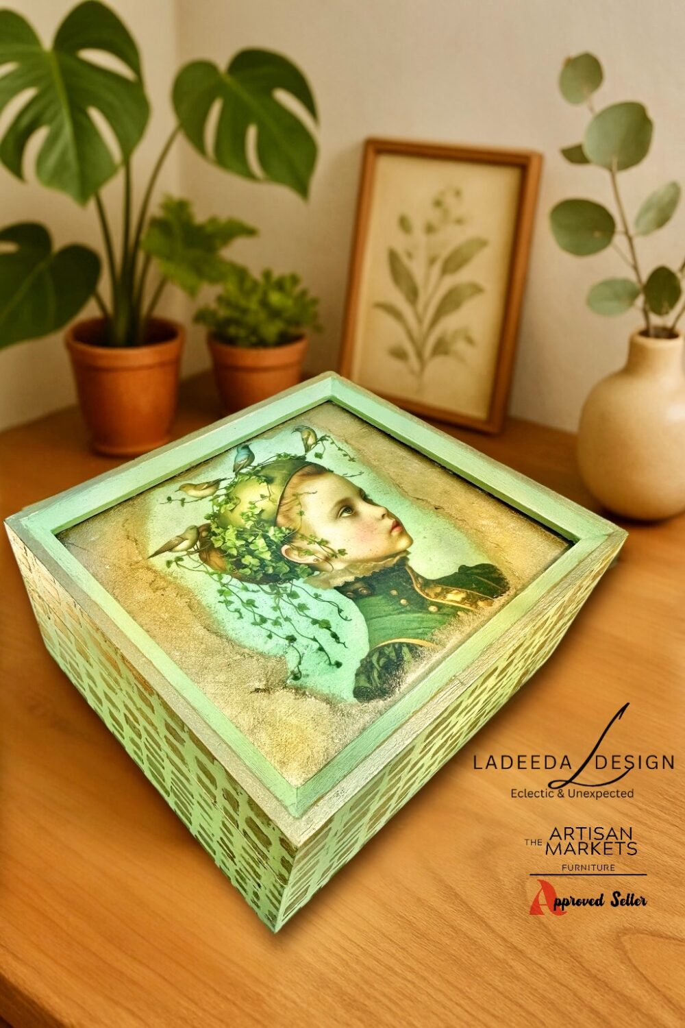 Whimsical Botanical Musical Jewelry Box – Handcrafted Spring Green & Gold Gilded