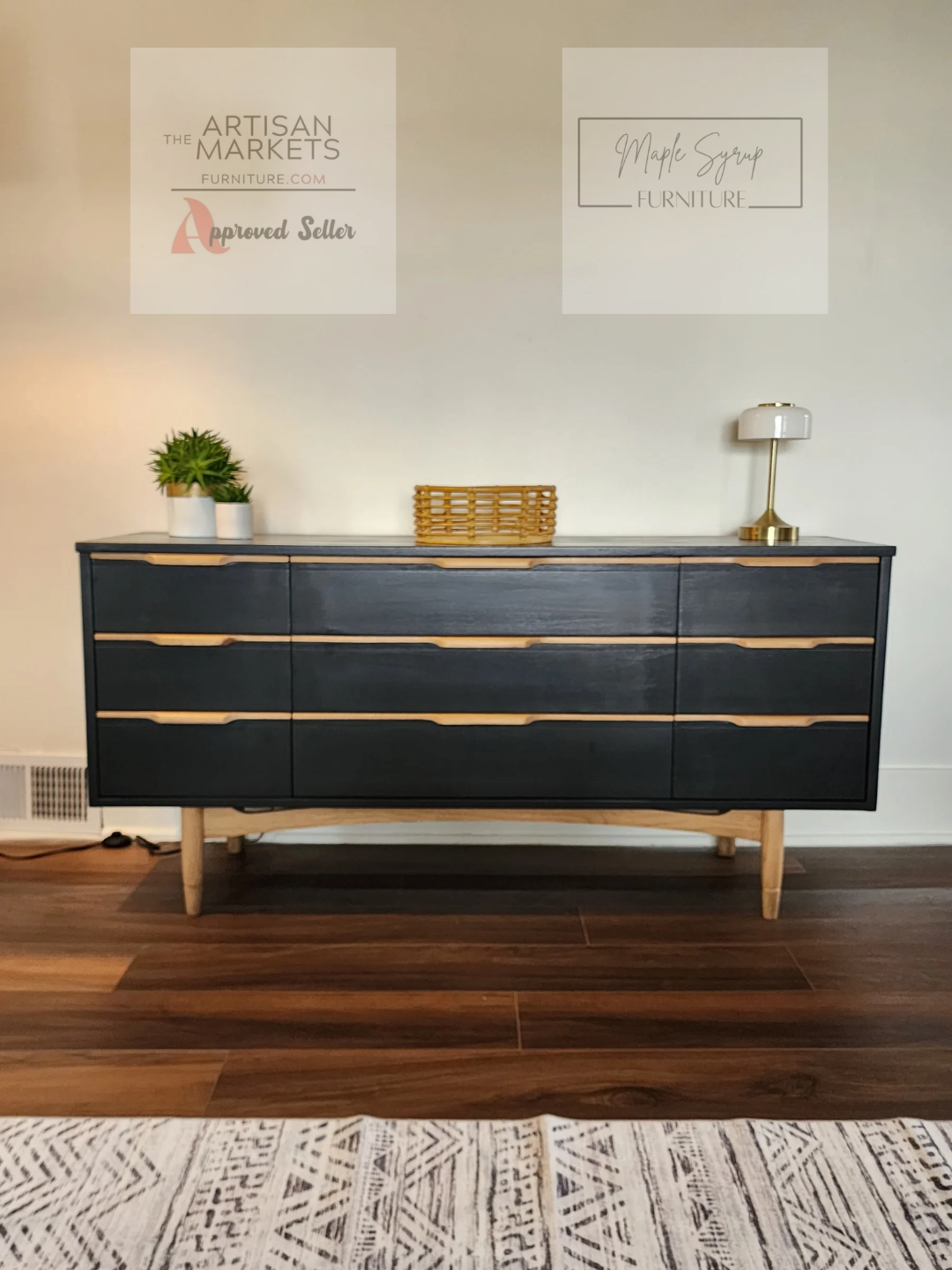 black mcm dresser William Mid Century Modern Black Oak Wood 6 Drawer Double Dresser