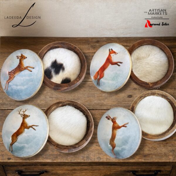 Woodland Round Wood Jewelry Boxes - Fawn, Fox, Rabbit and Deer